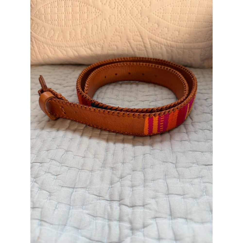 Artesania Leather Belt Size 38 Colorful Woven Textile Whipstitch Boho Western